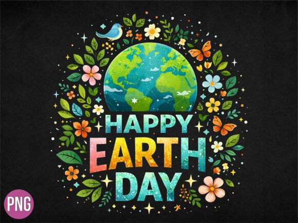 Happy Earth Day Flowers Butterflies PNG