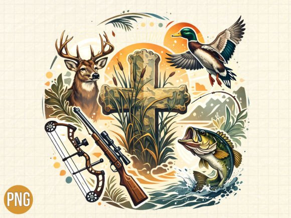 Hunter Fishing Cross Outdoor Scene PNG: Elevating Your Creative Projects with Premium Digital Art